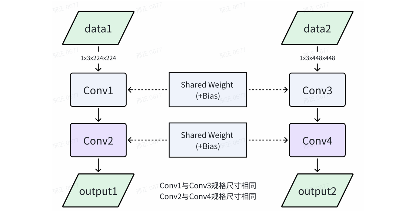 两个不同分辨率模型共享权重的示例图
